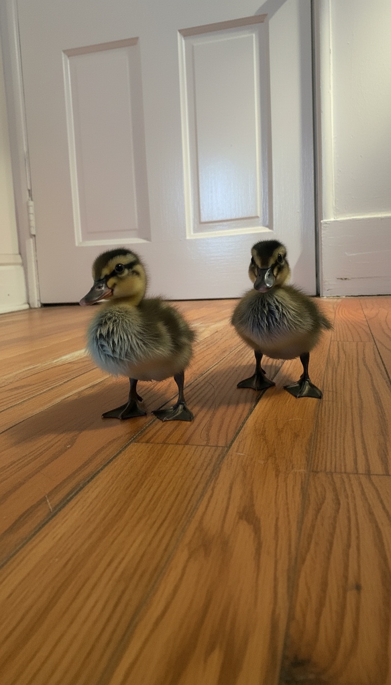 Two young mallard ducklings standing together on a wooden floor