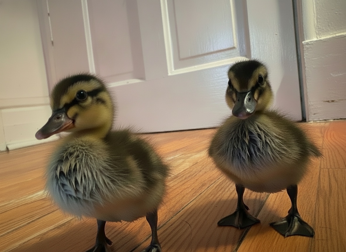 Two young mallard ducklings standing together indoors
